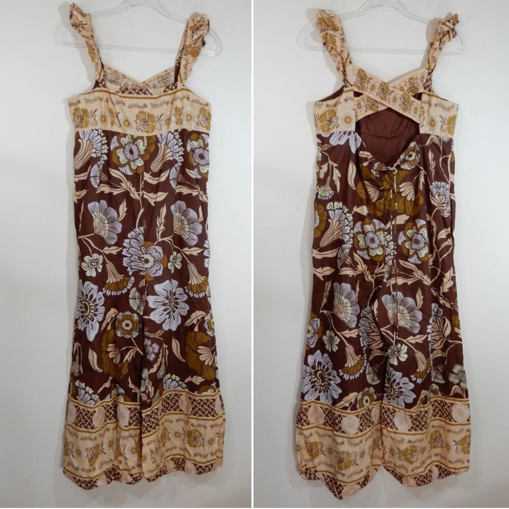 Free People Bali Albright Floral Cotton JUMPSUIT Size M Brown Coffee Combo NEW - Picture 8 of 13